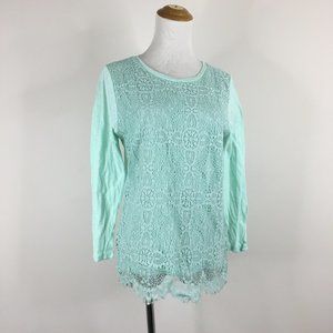 J CREW Mint Green Lace Front Scallop Hem Long Sleeve Shirt